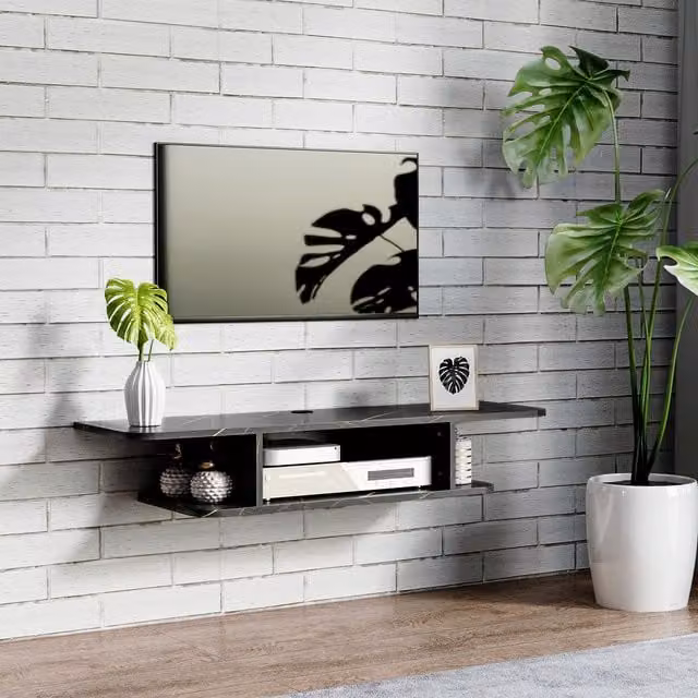 HOMCOM Modern Wall Mounted Black Media Console with Storage Shelves