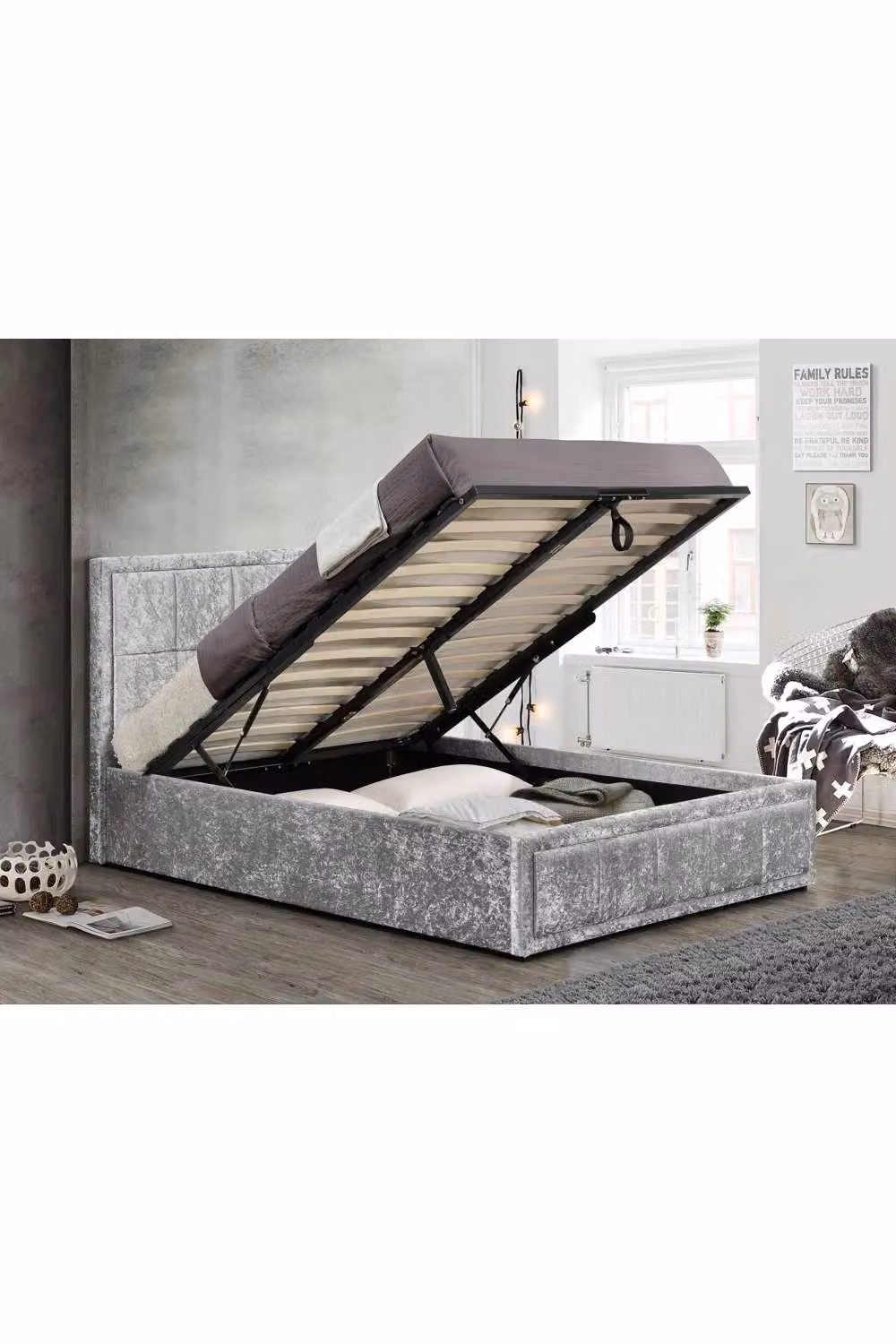Birlea Hannover Double Ottoman Bed Frame in Silver Grey Crushed Velvet Fabric with Gas Lift Storage – 2