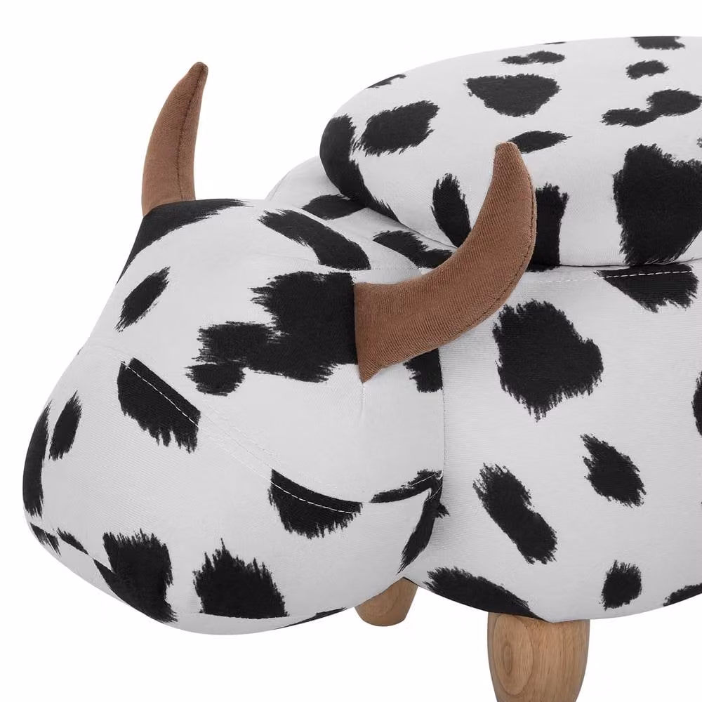 Wyld and Coco Cow Print Storage Stool in White and Black Faux Leather with Rubberwood Legs – 7