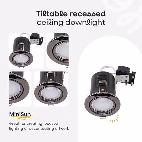 MiniSun Pack of 10 Fire Rated Tiltable GU10 Recessed Ceiling Downlights in Black Chrome with 3000K Warm White LED Bulbs – 3