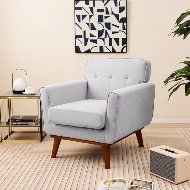 Costway Grey Linen Fabric Upholstered Armchair with Button Tufting and Solid Wood Frame – 1