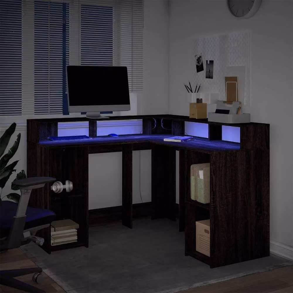 Berkfield Home Soft Desk with LED Lights in Brown Oak, W/D/H: 130 x 130 x 91 cm – 5