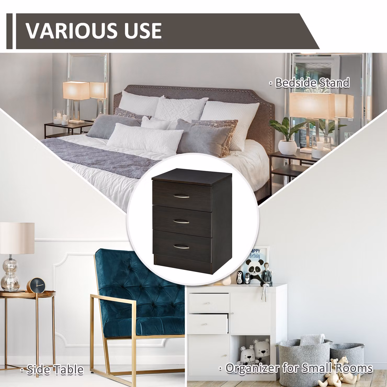 HOMCOM Three-Drawer Modern Bedside Table in Black – 5