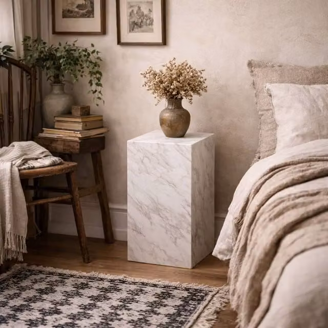 Wyld Haus Dingle White Marble Effect Small Pedestal Side Table – 1