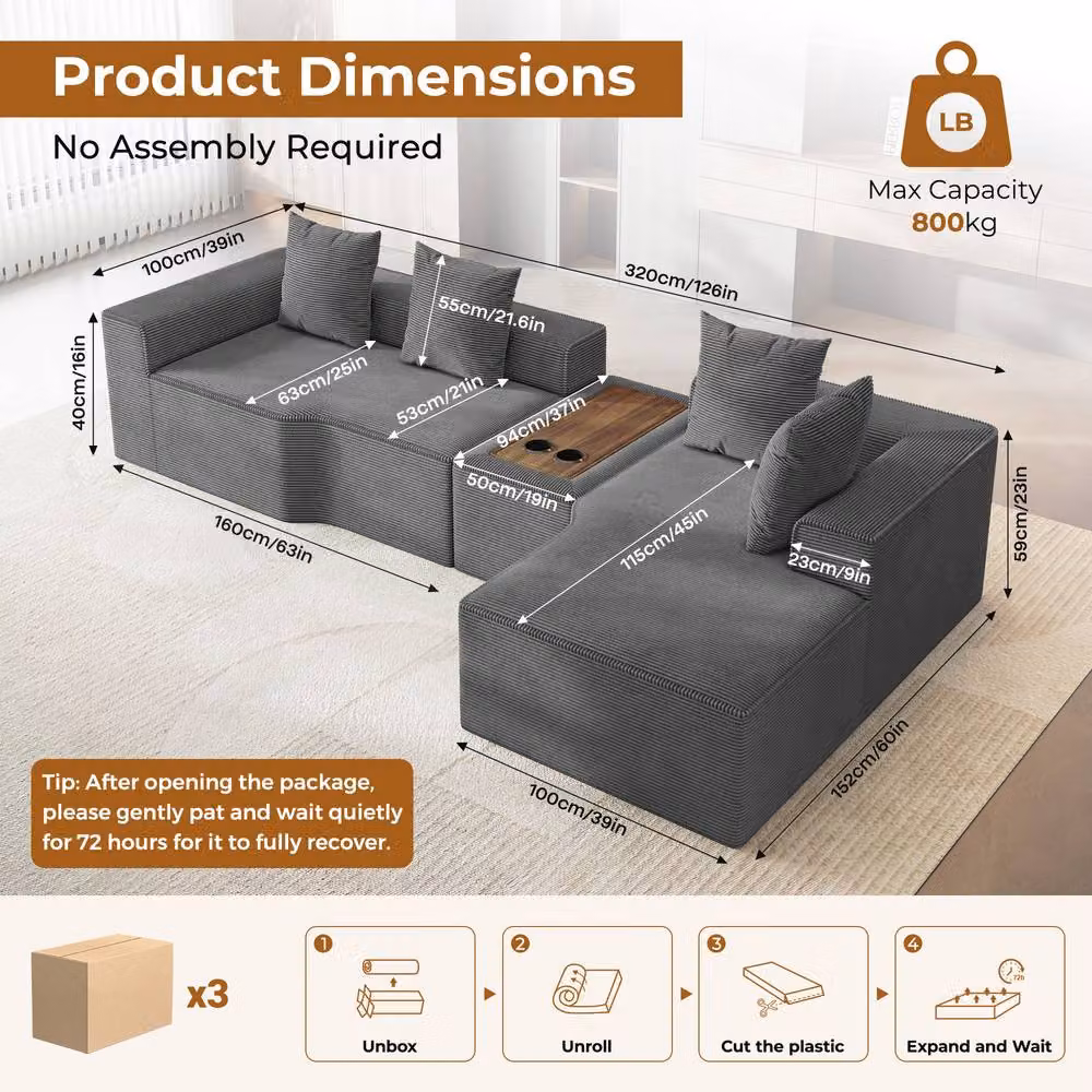 Dprodo Grey Corduroy Right L-Shaped Modular Sofa with Cup Holder Table and Scatter Cushions, 320 cm – 5