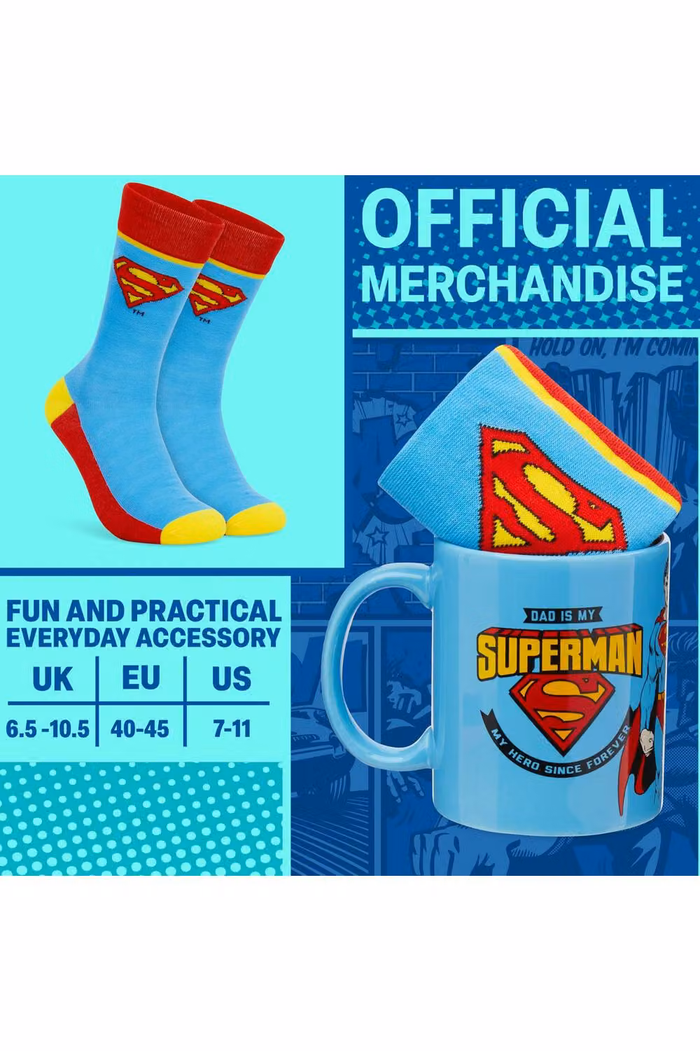 DC Comics Superman Mug and Calf Socks Set in Blue and Red, 315ml – 8