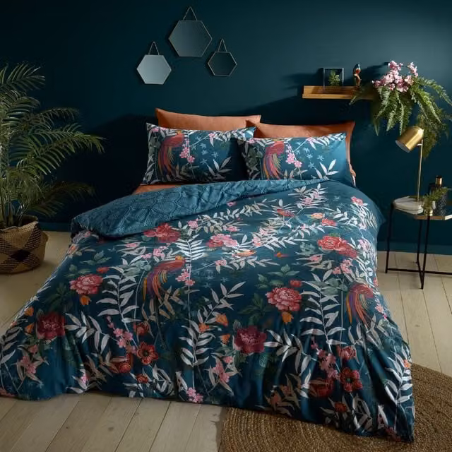 Catherine Lansfield Tropical Floral Birds Reversible Duvet Cover Bedding Set in Blue and Petrol