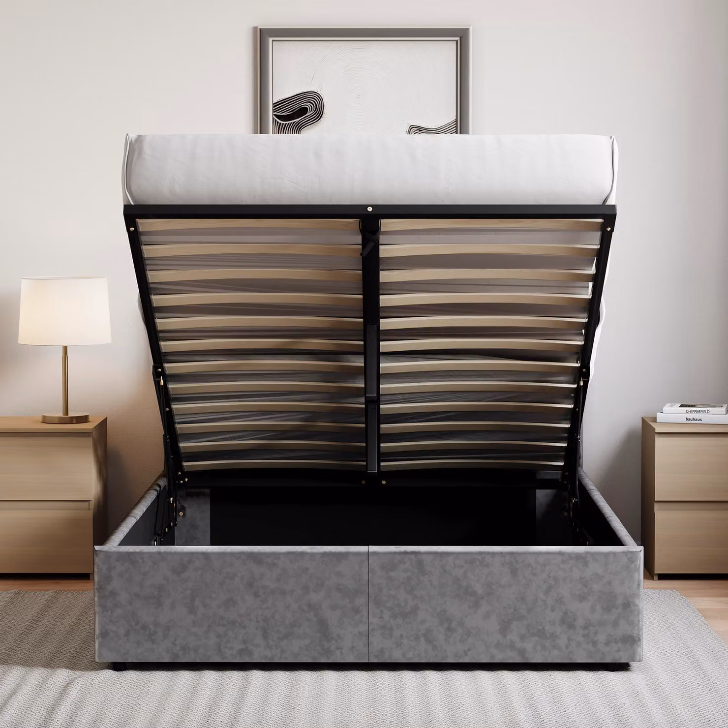 Vida Designs Veronica Double Ottoman Bed in Silver Velvet Fabric, W/D/H: 144 x 82 x 200 cm – 3