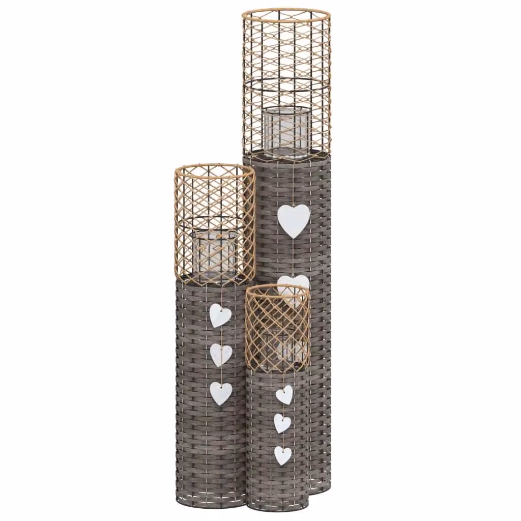 Berkfield Home Grey Wicker Tabletop Candle Holder Set of 3 with Rattan and Glass Details – 2