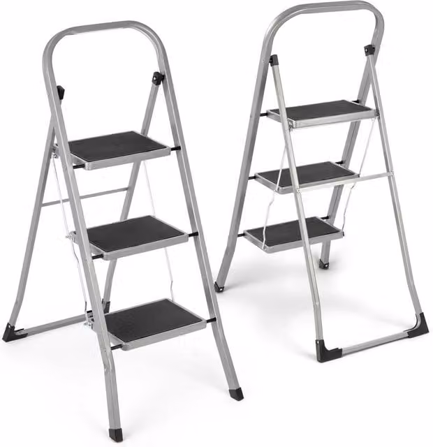VOGREX Grey Folding Steel Step Ladder Stool with Non-Slip Rubber Feet