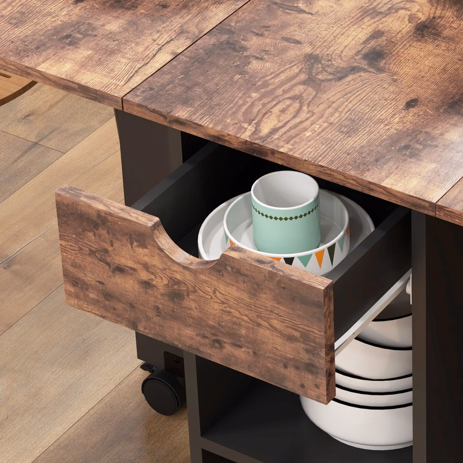 HOMCOM Folding Butterfly Leaf Dining Table with Storage Shelves and Drawer in Rustic Brown – 8