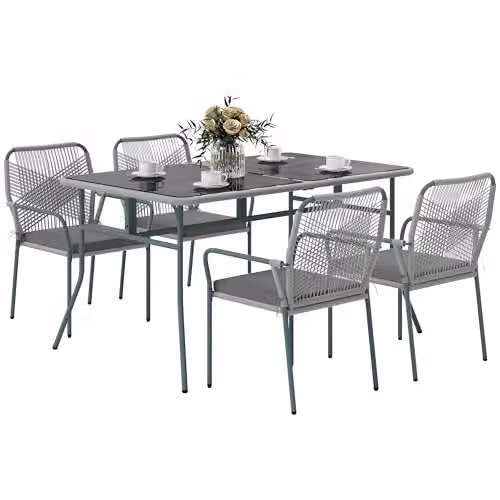 Outsunny 5 Piece Grey PE Rattan Garden Dining Set with Glass Top Table and Weather Resistant Cushions