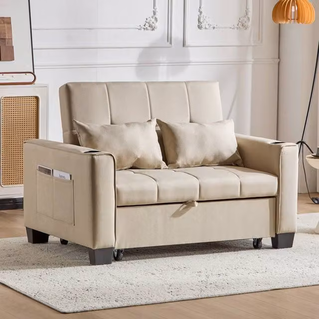 Tokpiedi 2 Seater Convertible Pull Out Sofa Bed with Cup Holders in Beige – 1
