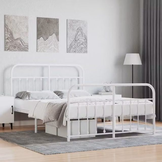 Berkfield Home Metal Bed Frame with Headboard and Footboard in White, W/D/H: 140 x 190 cm