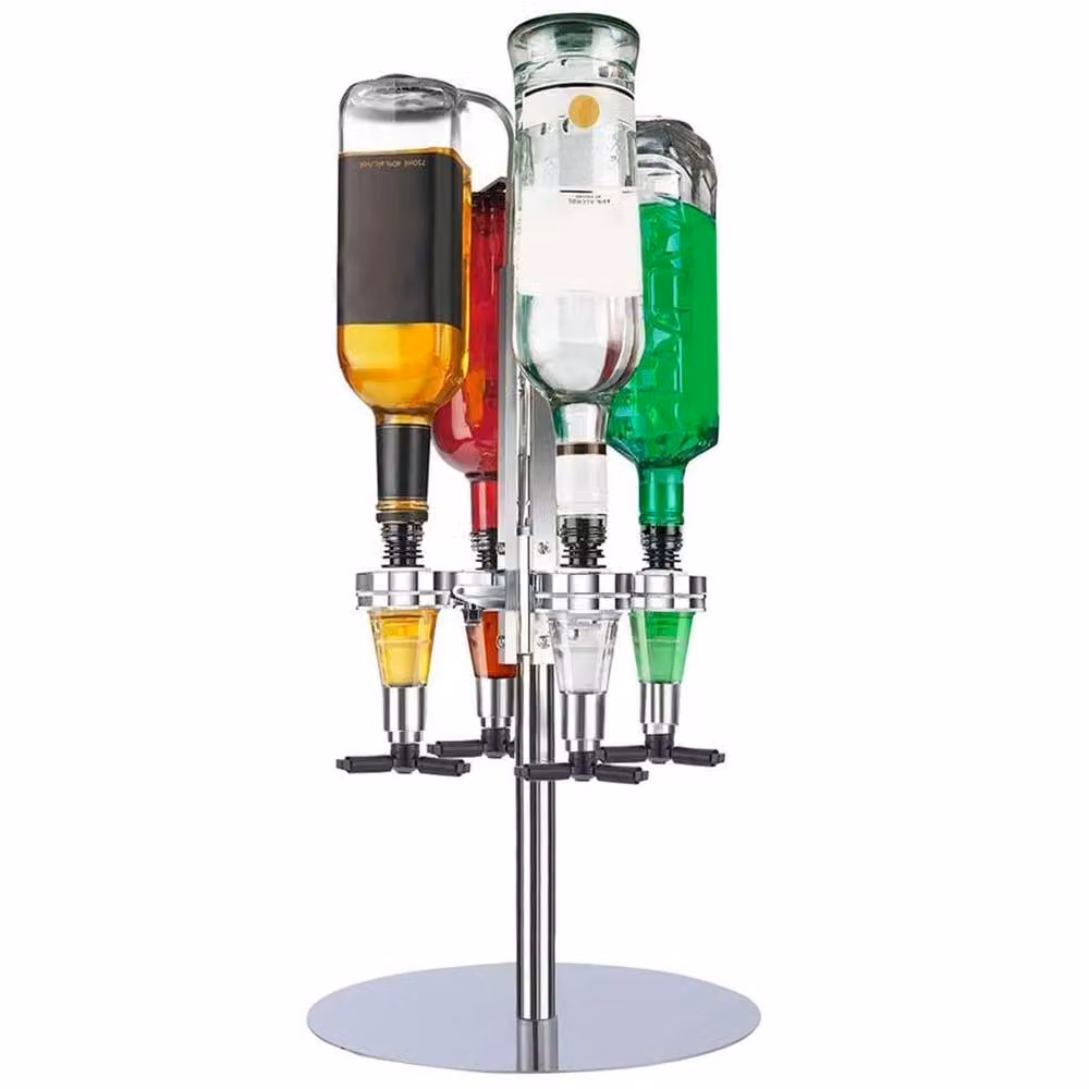 FLAVORA Silver Rotating 4 Bottle Metal Optic Drink Dispenser Stand – 4
