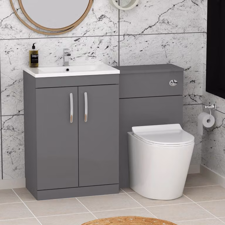 Royal Bathrooms Modern Turin 1100mm Indigo Grey Gloss 2-Door Minimalist Basin and Cesar Back to Wall Toilet Pack