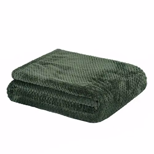 Dreamscene Green Fleece Waffle Throw, Soft Fluffy Faux Fur Blanket, W/D/H: 125 x 150 cm