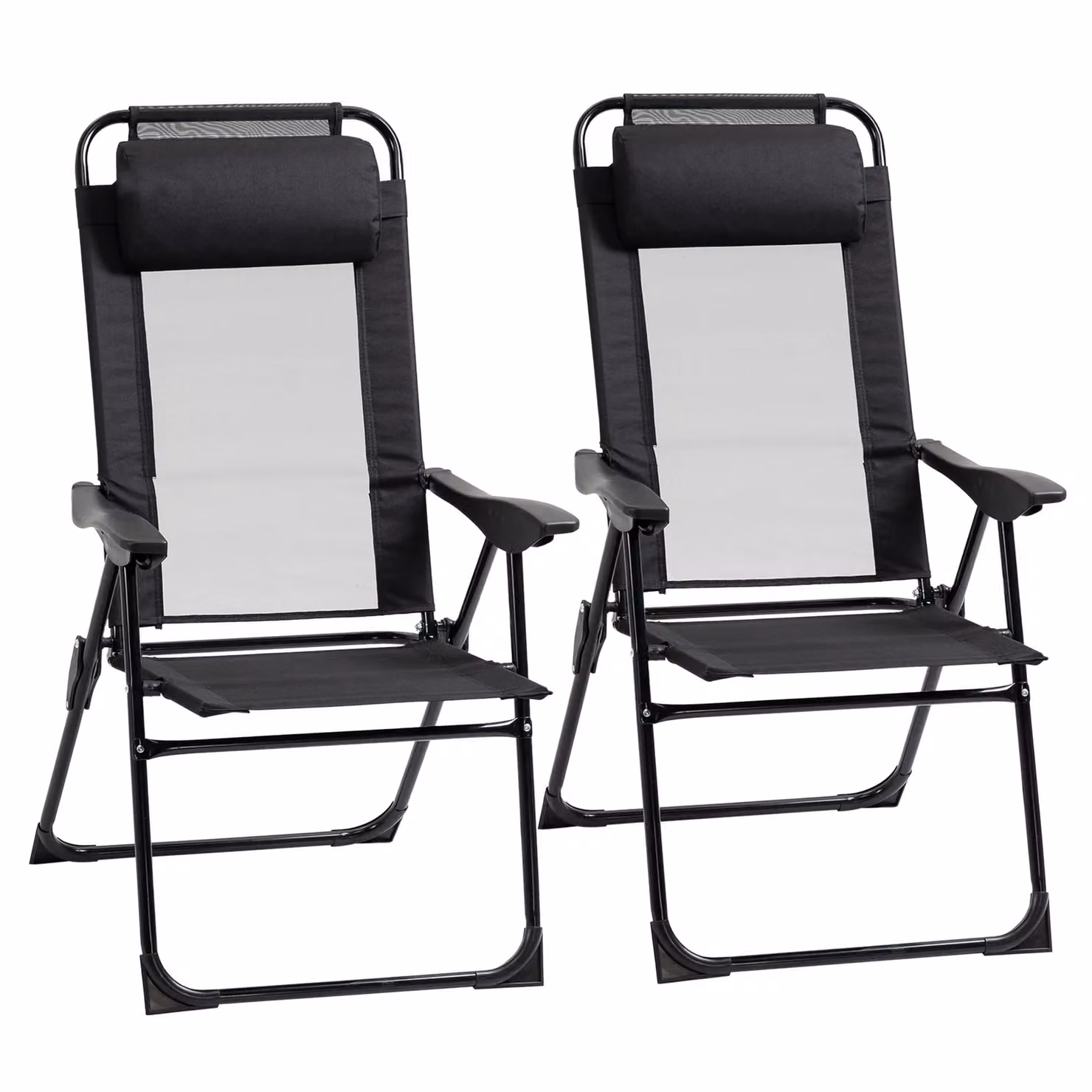 OUTSUNNY Set of 2 Black Folding Camping Recliner Chairs with Armrests – 2
