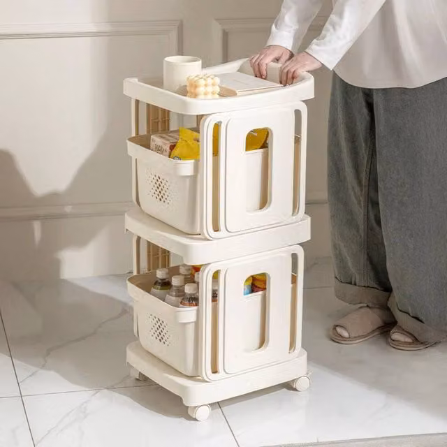 KORVIXA 2-Basket Multi-Purpose Storage Trolley in Beige