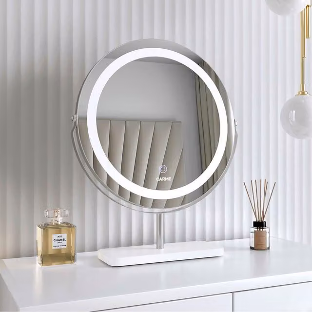 Carme Ava Round Tabletop LED Light Mirror with Touch Switch and Dimmable Function in Silver