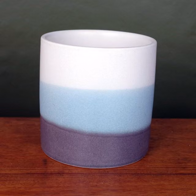 Leaf Ceramic Striped Indoor Cachepot Planter in Blue and Grey