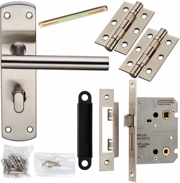 Loops Satin Steel Door Handle and Bathroom Lock Pack in Brushed Silver – 1
