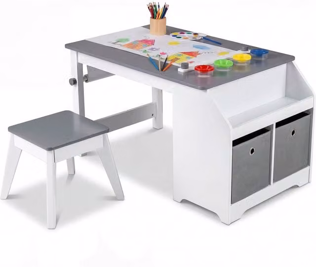 Costway Kids Art Table and Stool Set in Grey and White