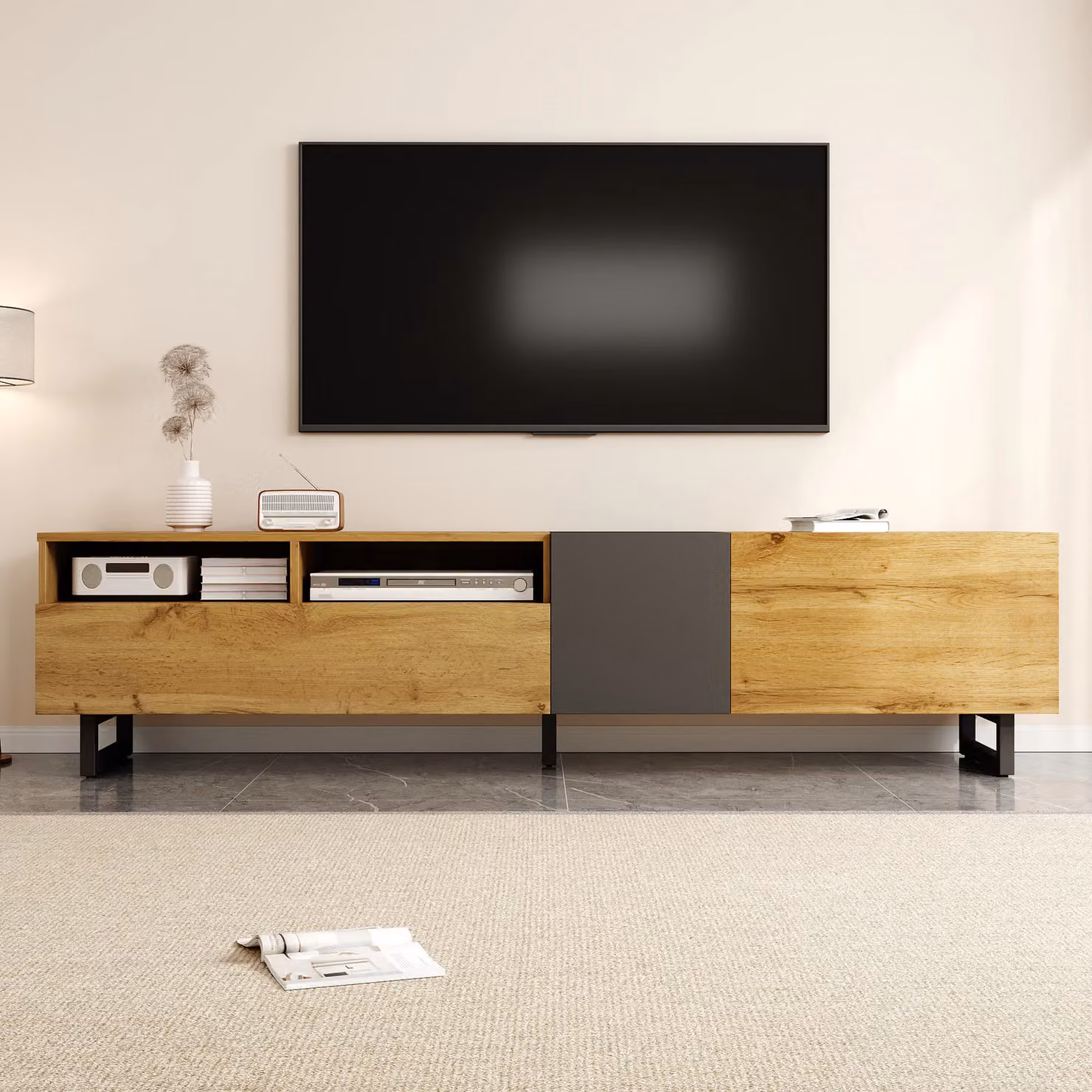 Matteo Colorblock TV Cabinet in Dark Grey and Brown with Retro Wood Grain and Three Door Storage, W/D/H: 170.0 x 42.0 x 36.5 cm – 3