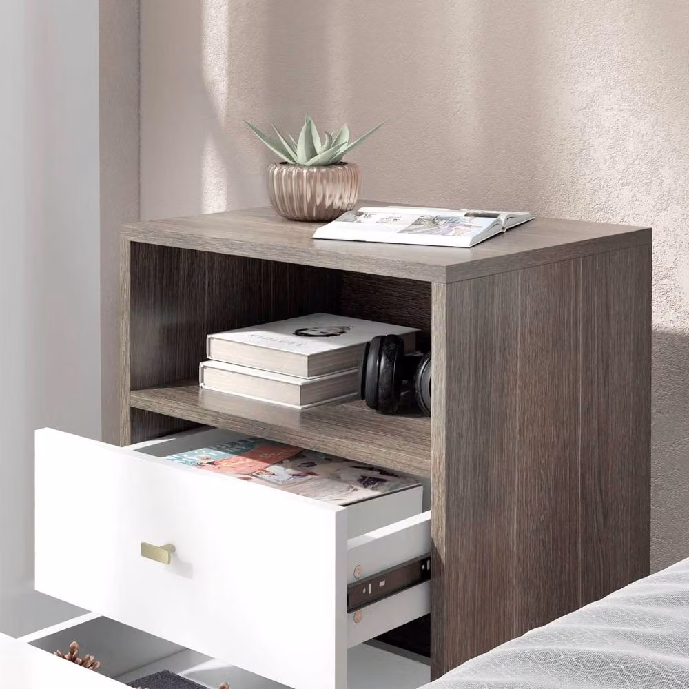Wyld Haus Cosana Scandinavian Bedside Table with Drawers and Open Shelf in Grey and White – 10