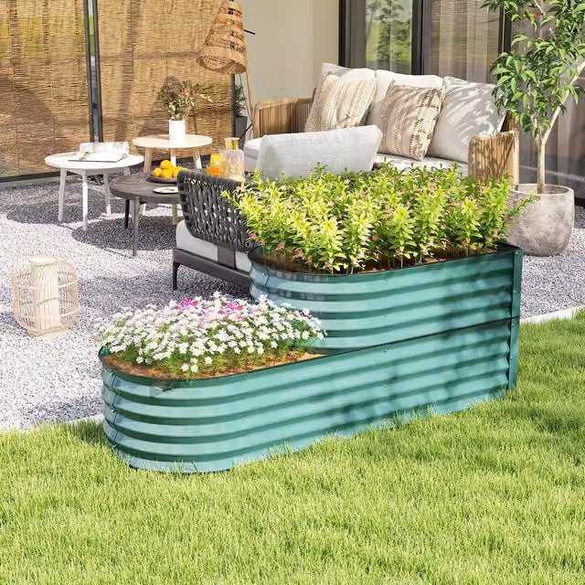 Outsunny 2-Tier Galvanised Steel Metal Planter Box with Safety Edging, Green