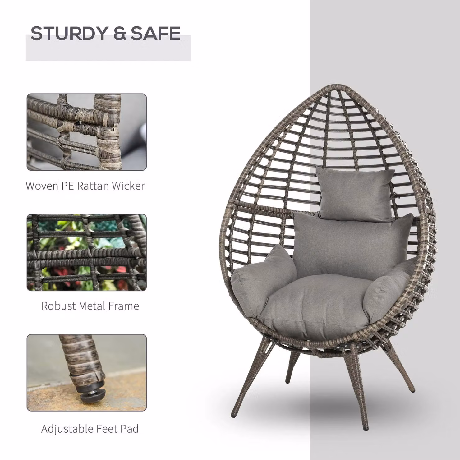 Outsunny Grey Rattan Wicker Teardrop Chair with Metal Frame – 3