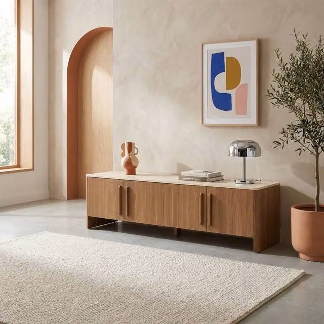 Sweek 4-Door Modern TV Stand with Travertine Effect Top and Wood Decor in Dark Brown, W/D/H: 180 x 40 x 50 cm