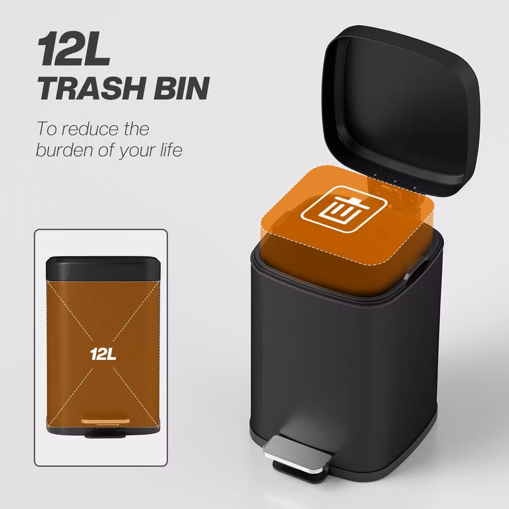 STILVORA 12L Black Metal Pedal Bin with Soft-Close Lid and Removable Inner Bucket – 5