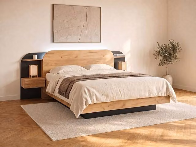 Vente-unique Modern Black Divan Bed with LED Under-bed Lighting and Bedside Tables, W/D/H: 160 x 200 x 223 cm