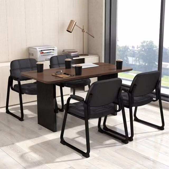 Set of 4 COSTWAY Black Synthetic Leather Guest Computer Chairs with Armrests and Metal Frame