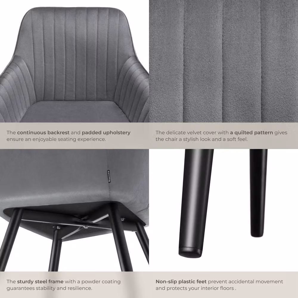 tectake Marilyn Set of 4 Modern Dining Chairs in Grey and Black Velvet Fabric with Metal Frame – 5