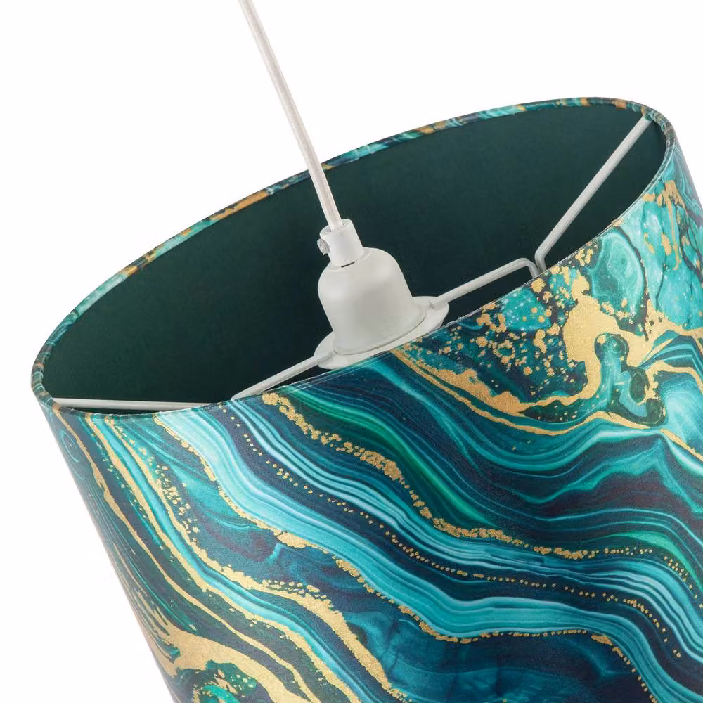 Happy Homewares Modern Green and Gold Satin Fabric Cylinder Lamp Shade with Wavy Marble Design, Diameter: 30 cm – 3