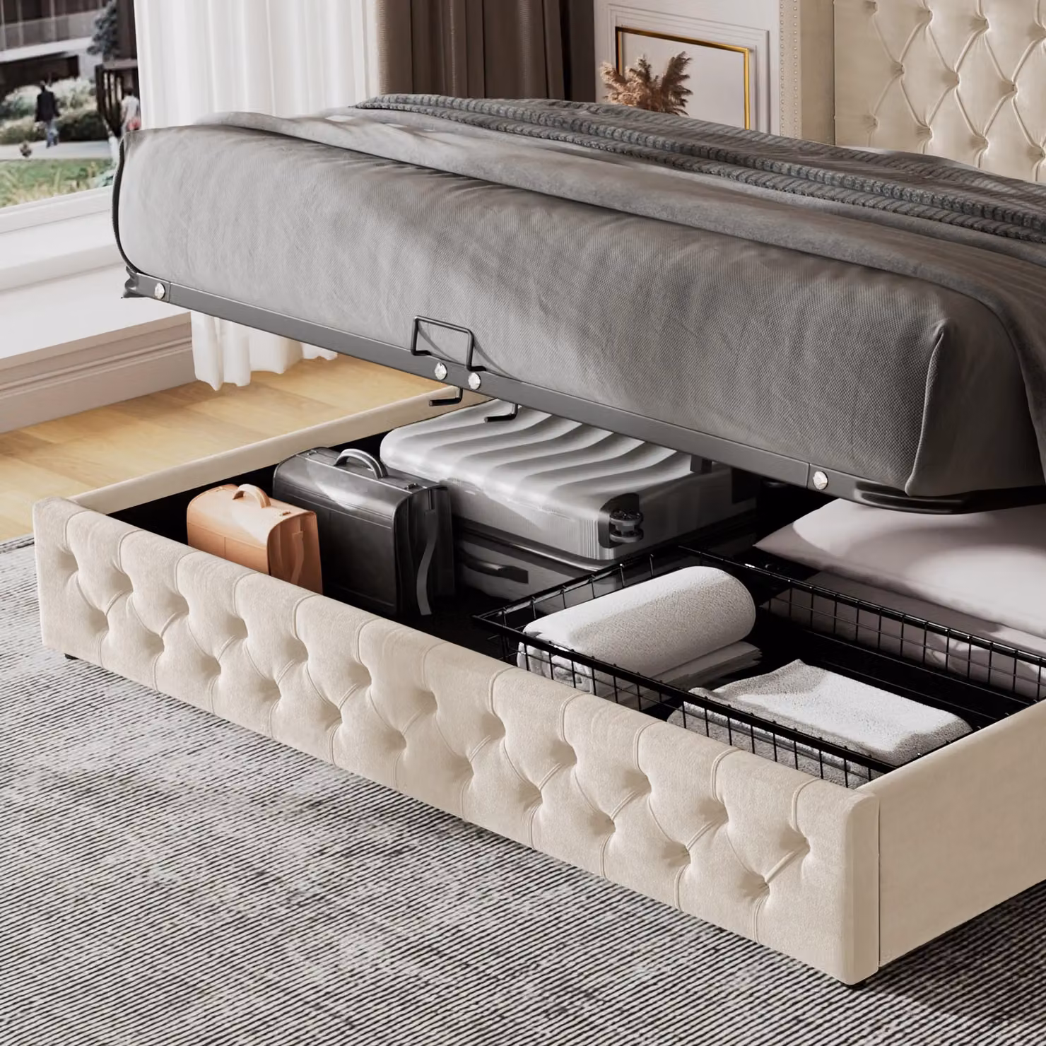 Matteo Modern Upholstered Velvet Bed in Beige with Hydraulic Lift-Up Storage, W/D/H: 140 x 200 cm – 2