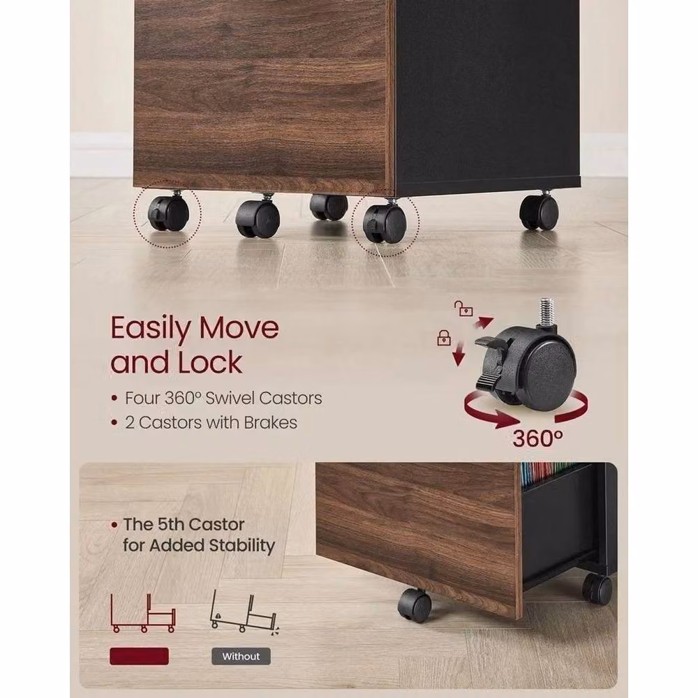 VOGREX Black and Brown Mobile 2-Drawer Office File Pedestal Cabinet with Lock and Castors, W: 42 cm, D: 40 cm, H: 70 cm – 3