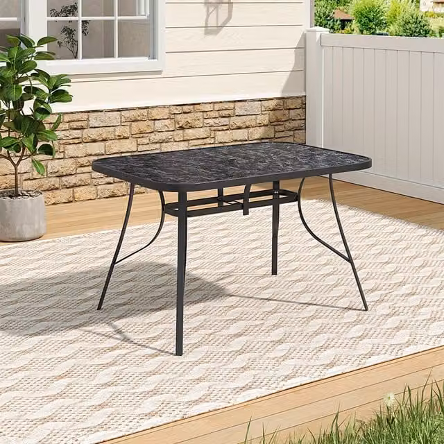 Livingandhome Rectangular Marble Tempered Glass Garden Table in Black, W: 80 cm