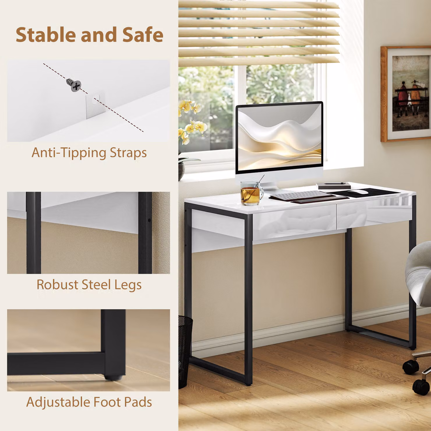 HOMCOM Modern High Gloss Writing Desk with Drawers, White, W: 100.0 cm, D: 18.6 cm, H: 75.0 cm – 4