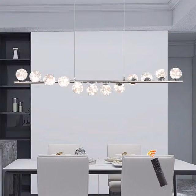 Garwarm 12 LED Dimmable Linear Kitchen Island Pendant Light in Chrome and Silver with Remote Control and Height Adjustment