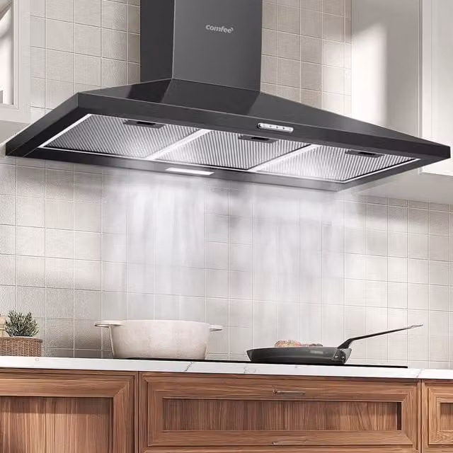 Livingandhome Black Metal Wall Mounted Chimney Range Hood with LED and Recirculation, Width: 90 cm