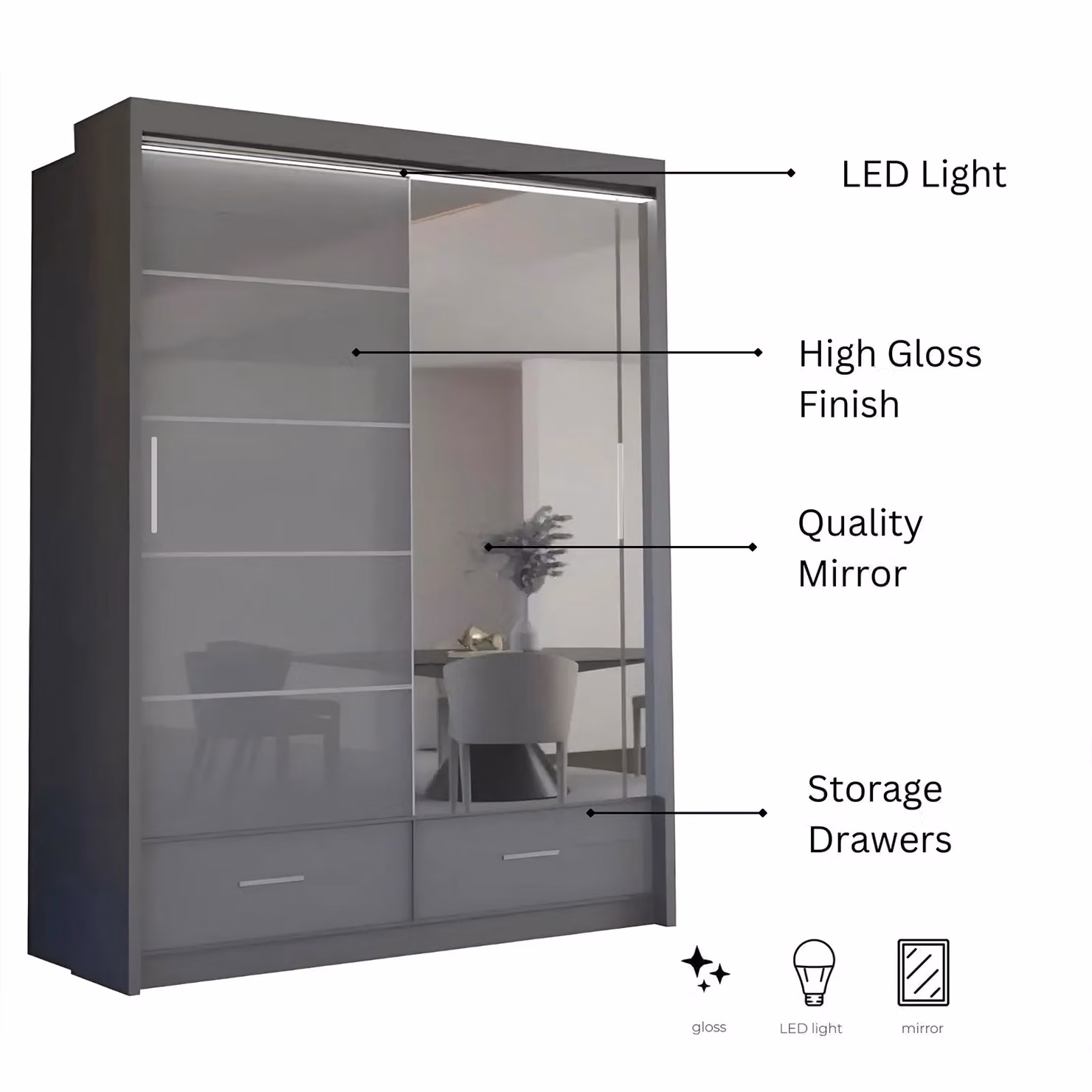 Sliding Wardrobes 4U Luxury High Gloss Sliding Wardrobe with LED Lighting, Grey, W: 150 cm, H: 220 cm – 3