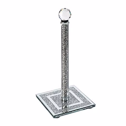 London Boutique Free Standing Crystal Kitchen Roll Holder with Crushed Diamond Sparkle and Weighted Metal Base in Silver and Blue, Height: 29.97 cm