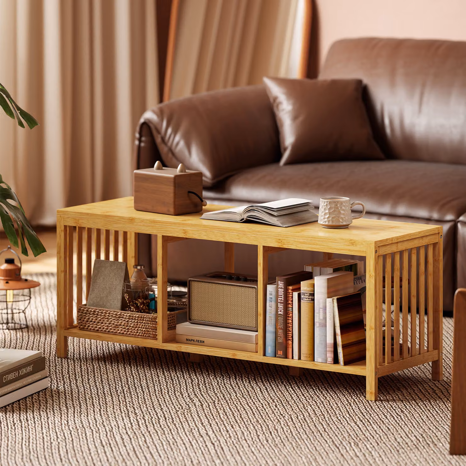 HOMCOM Bamboo Shoe Bench with Padded Fabric Cushion and Open Storage Shelf in Brown Natural Wood Finish – 5