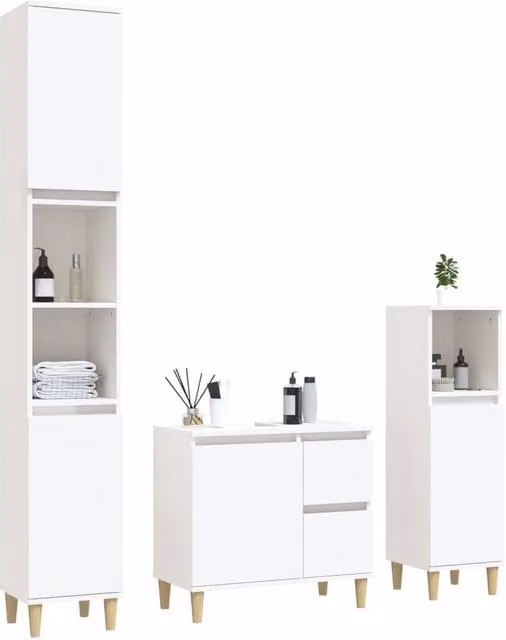 Berkfield Home 3 Piece Modern White Freestanding Bathroom Cabinet Set with Vanity and Tall Unit