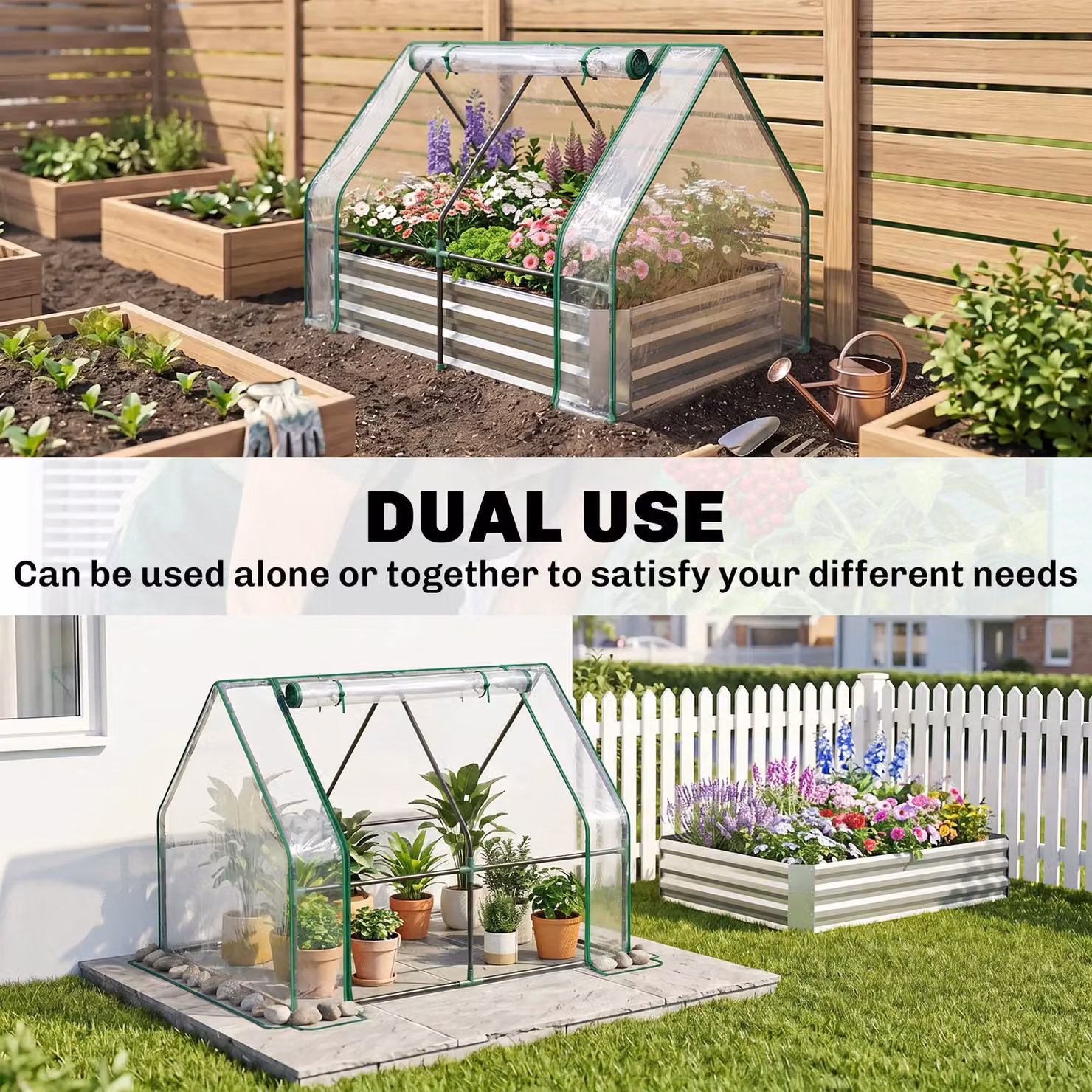 Outsunny Steel Raised Garden Bed Planter Box with Greenhouse and Window in White – 5