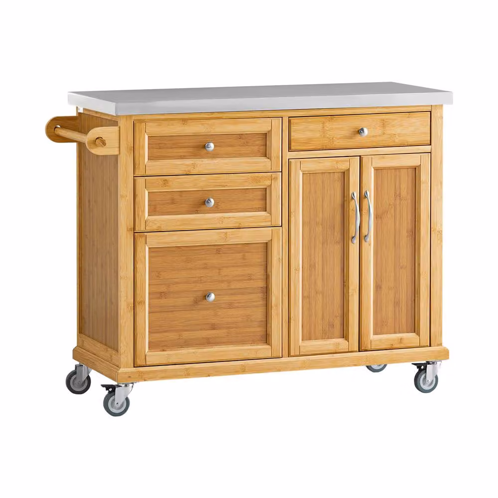 SoBuy Mobile Kitchen Island with Stainless Steel Top in Natural Bamboo and Metal – 2
