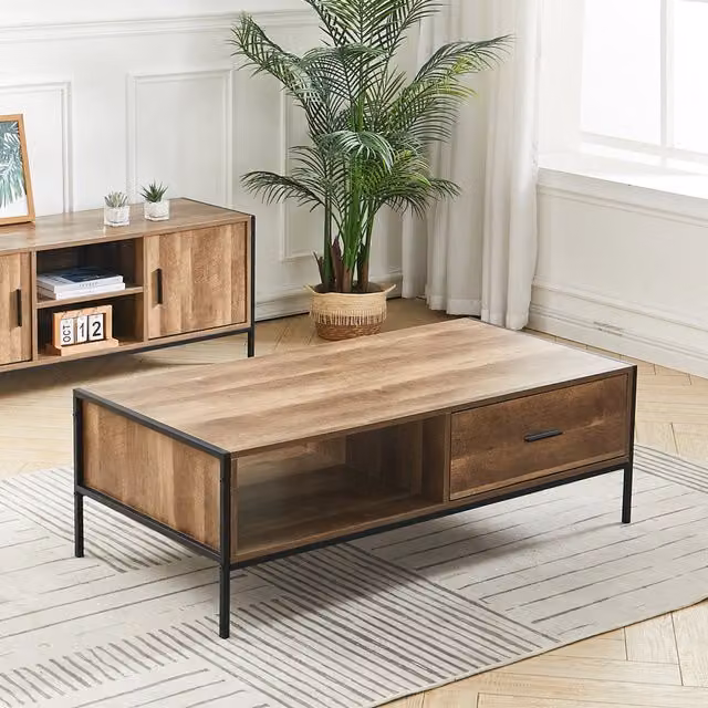 Livingandhome Rustic Brown Rectangular Coffee Table with Metal Frame and Wood Drawers